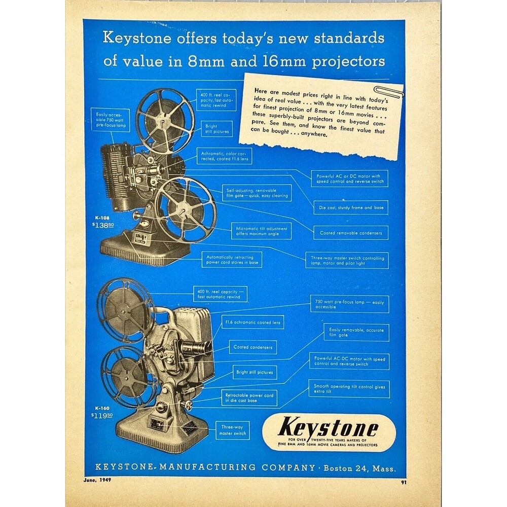 Keystone Manufacturing Co. "8mm and 16mm Projectors" Vintage Print Ad 1949